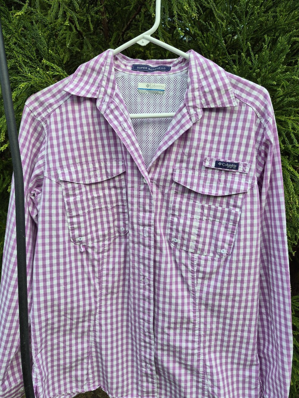 Columbia Ladies PFG Pink & White Gingham Button-Down Shirt